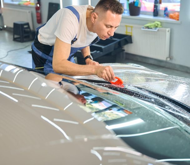 Male carefully glues the protective film onto the car body Male carefully glues the protective film onto the car body, he uses a special gadget